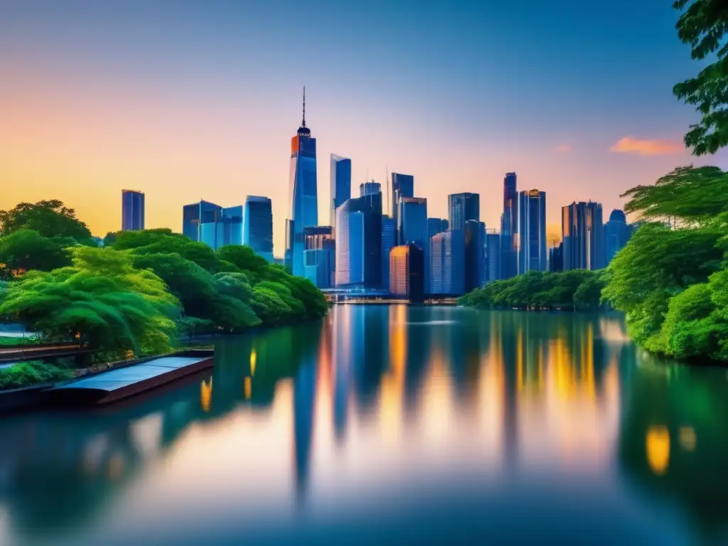 Moderna ciudad al atardecer, con rascacielos y naturaleza Metrópolis moderna al anochecer, con rascacielos dorados y naturaleza en primer plano