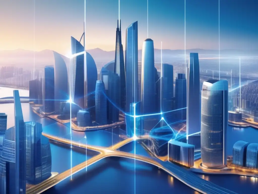 Red global de finanzas interconectadas Ilustración moderna de una red financiera global con una ciudad futurista y rascacielos representando países, simbolizando gestión fiscal para inversionistas internacionales en rentas del exterior