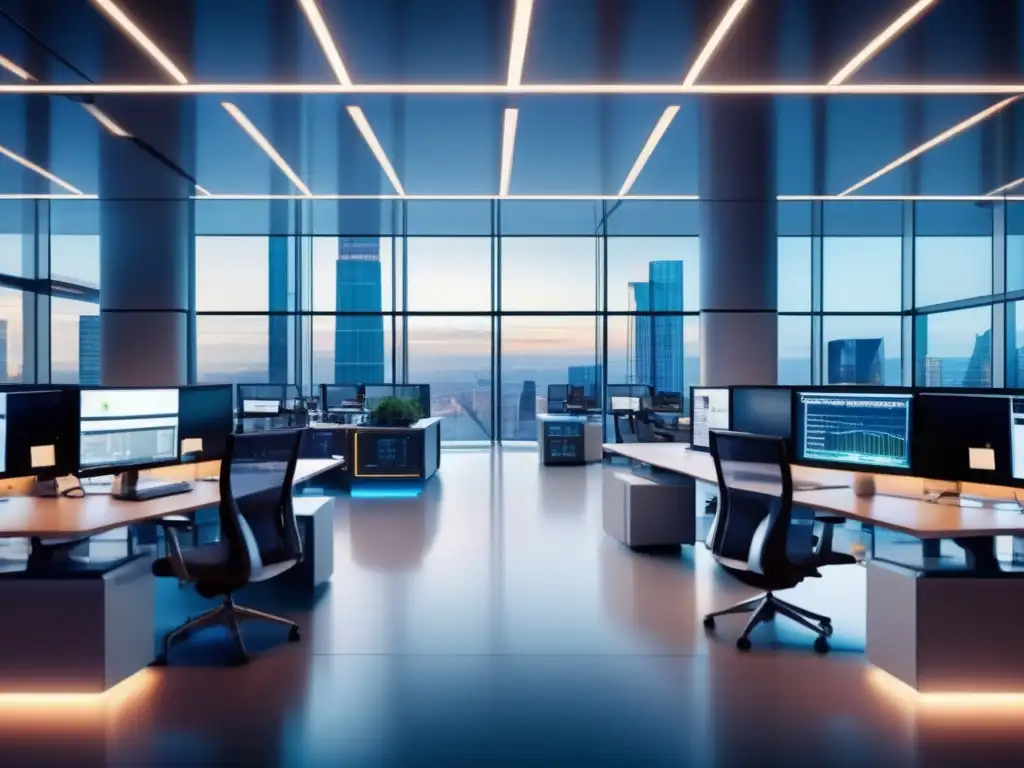 Piso de trading financiero moderno Moderna sala de operaciones financiera con oficinas elegantes y pantallas de alta tecnología