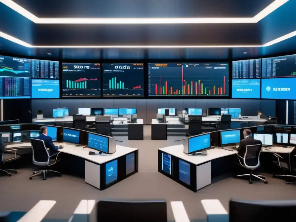 Traders en moderna sala de trading Moderna sala de operaciones financieras con opciones y futuros financieros