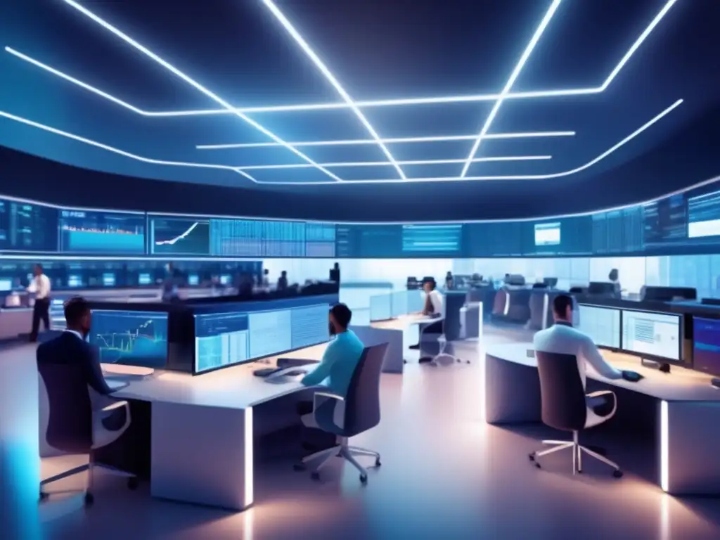 Traders en piso futurista Ilustración moderna de una sala de operaciones futurista con traders y estrategias de inversión con criptomonedas