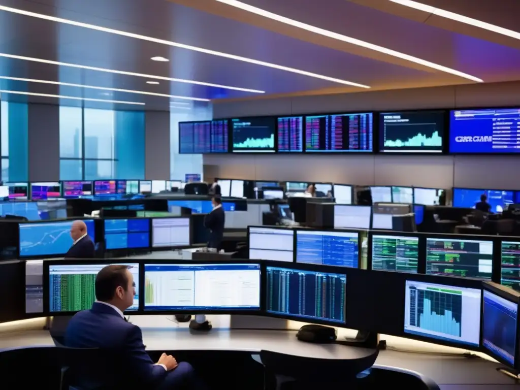 Traders analizando datos en una moderna sala de trading Moderna sala de operaciones con traders analizando datos y tomando decisiones estratégicas