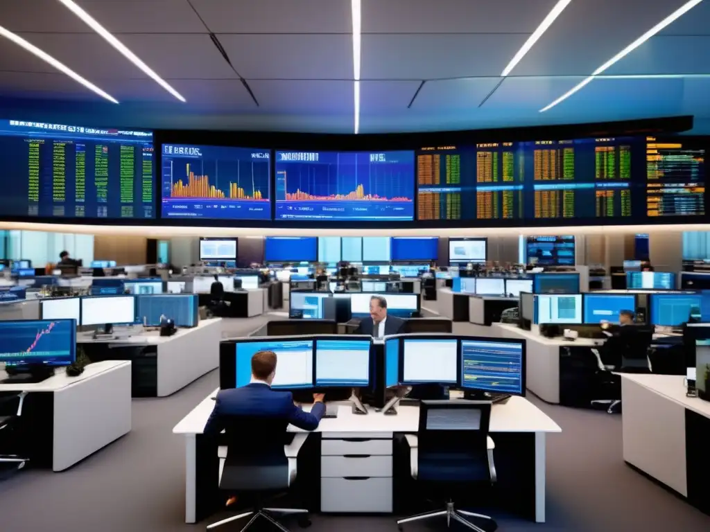 Piso de trading financiero moderno y dinámico Moderna sala de trading financiero con traders analizando gráficos y discutiendo estrategias en un entorno contemporáneo
