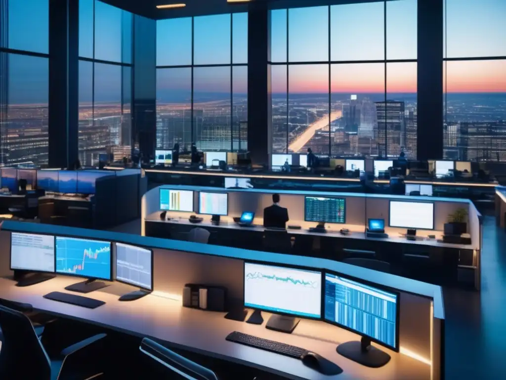 Sala de operaciones moderna y sofisticada Moderna sala de trading con traders analizando gráficos financieros y datos en pantallas de alta tecnología