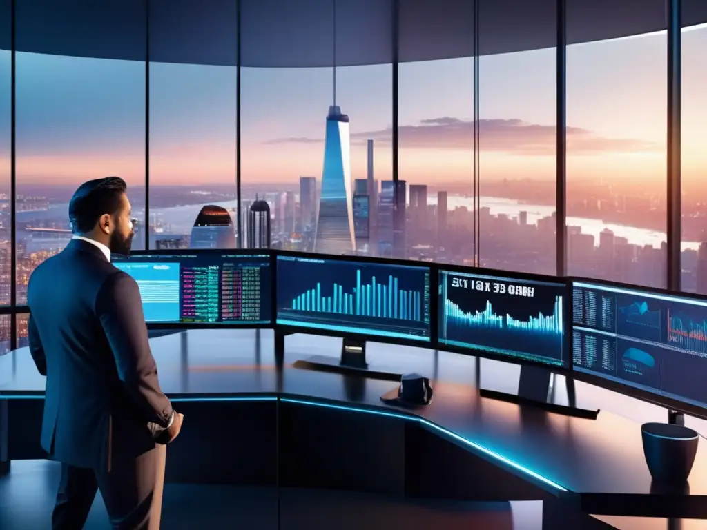 Trading room con tecnología avanzada y vista panorámica Una moderna sala de trading en 8K, con vistas a la ciudad y traders analizando datos financieros en pantallas de última generación