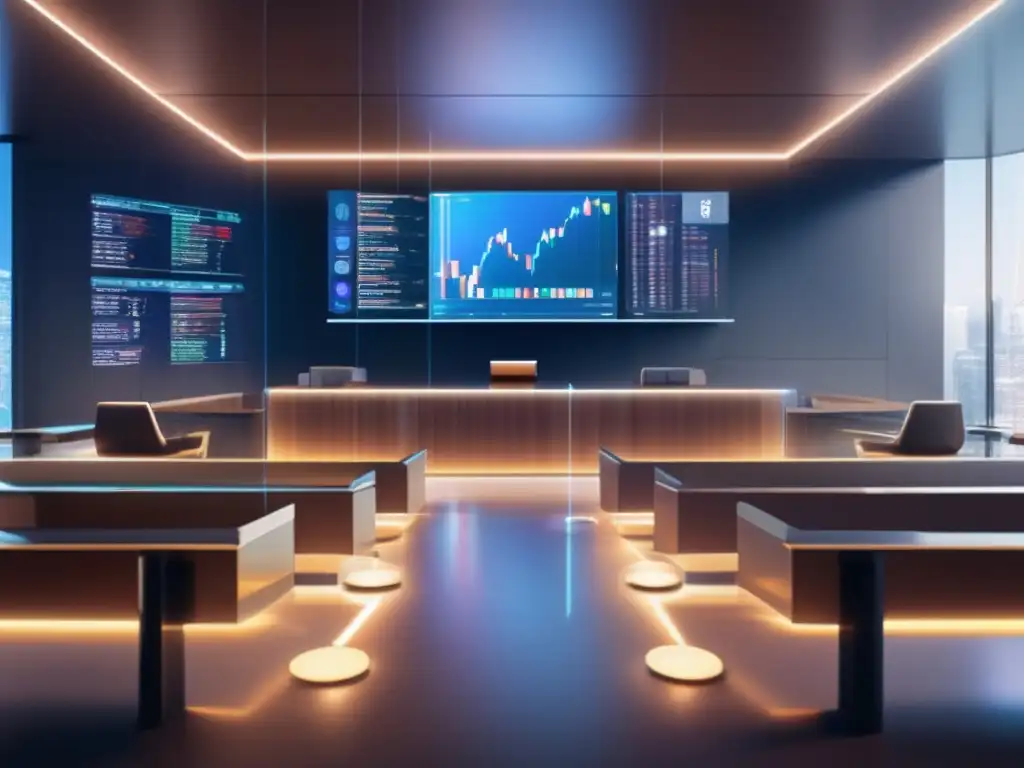 Sala de tribunal futurista con criptomonedas Moderna sala de tribunal con paredes de vidrio y diseño futurista