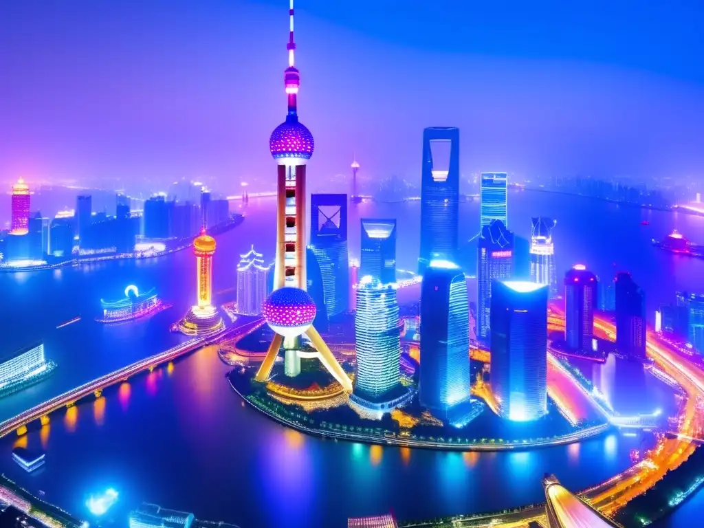 Skyline vibrante de Shanghai de noche Modernidad y vibrante skyline de Shanghái: Inversiones en la Bolsa de Shanghái