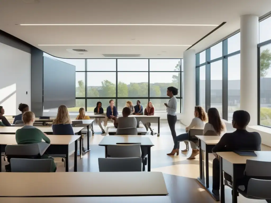 Aula moderna con instructor y estudiantes atentos Moderno aula con instructor y estudiantes diversos, altamente comprometidos en el curso de Cursos de inversión alternativa