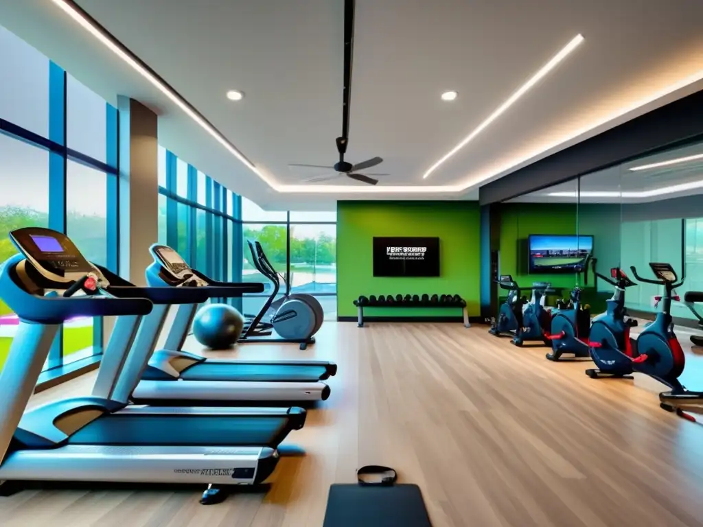 Gimnasio moderno y vibrante con equipos de última generación Un moderno centro de fitness con equipo de última tecnología, amplias ventanas, inspiradoras citas y personas realizando diversas actividades
