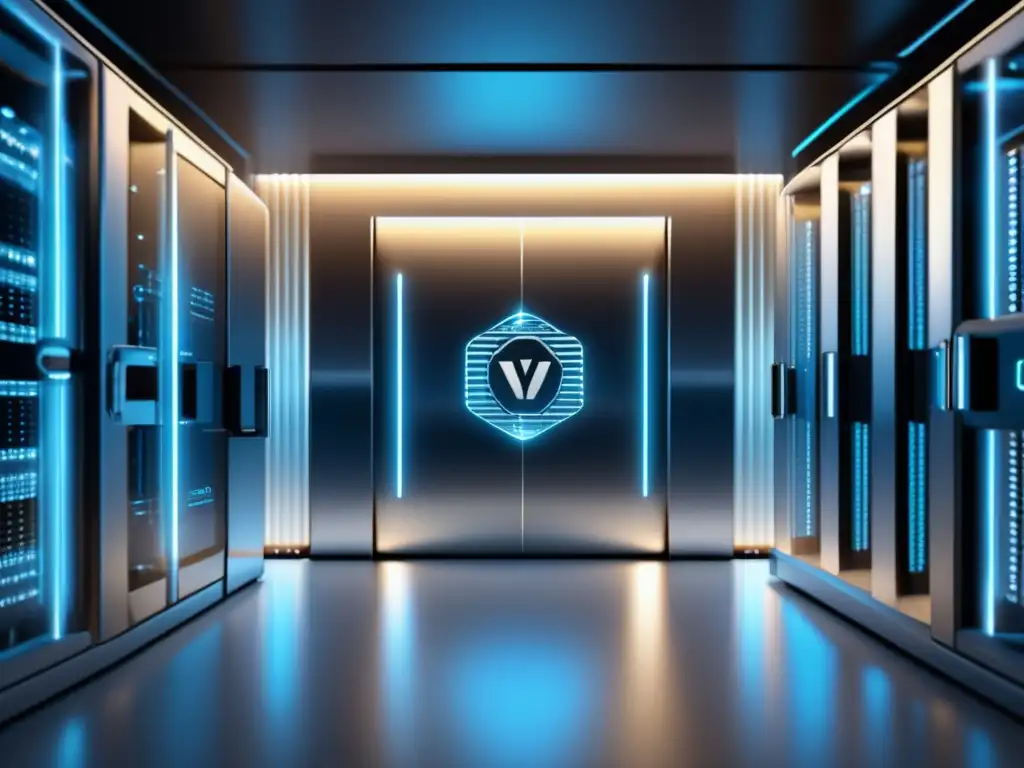 Bóveda criptográfica futurista Guía de staking: Vault criptográfico moderno y seguro, con diseño futurista, gráfico de rentabilidad y servidores interconectados