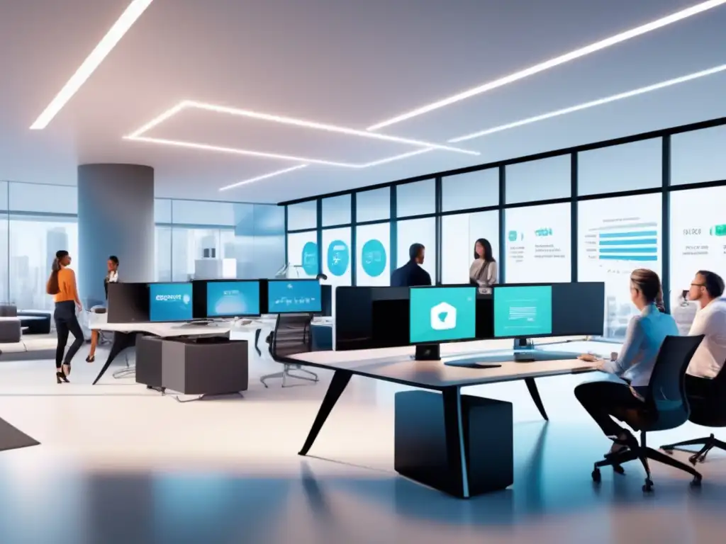 Oficina futurista con tecnología avanzada y colaboración Moderno entorno de oficina con trabajadores en escritorios minimalistas