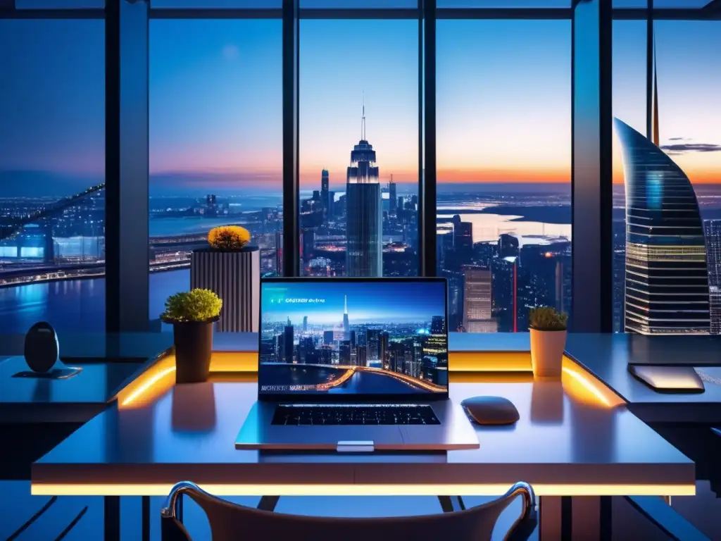 Moderno escritorio de cristal con vista a una ciudad iluminada Moderno escritorio de vidrio con vista a la ciudad, gráficos de criptomonedas y ambiente productivo