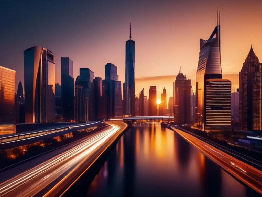 Ciudad moderna al atardecer Moderno skyline de ciudad al atardecer, con rascacielos iluminados por un cálido sol dorado