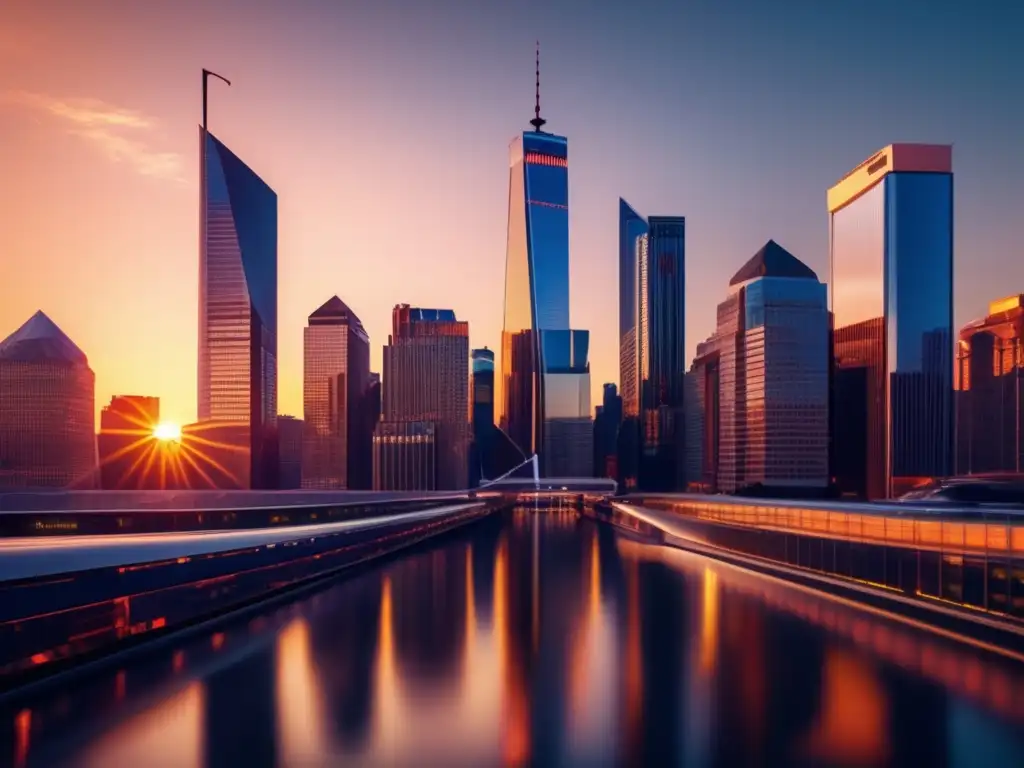 Moderno skyline financiero al atardecer Moderno skyline financiero al atardecer con rascacielos reflejando la puesta de sol - Fórmulas de riesgo para inversores