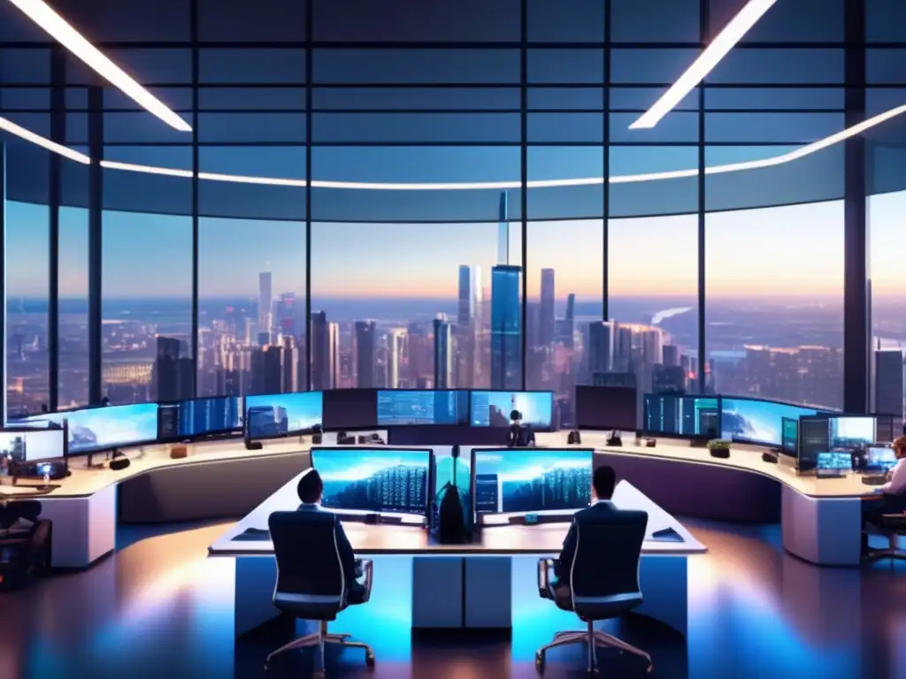 Trading floor con humanos y AI Moderno trading floor con traders humanos y AI, integrando inteligencia artificial en crisis financieras