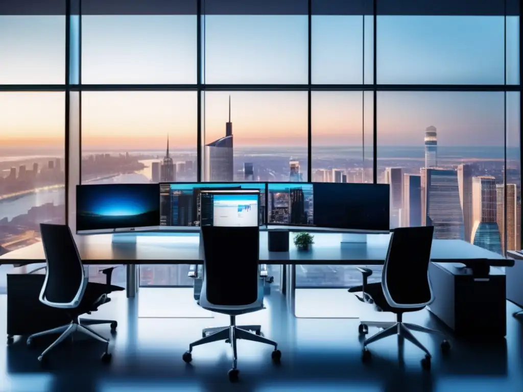 Oficina moderna con profesionales y ETFs en América Latina Office space moderno con vista panorámica a una ciudad, profesionales enfocados en su trabajo