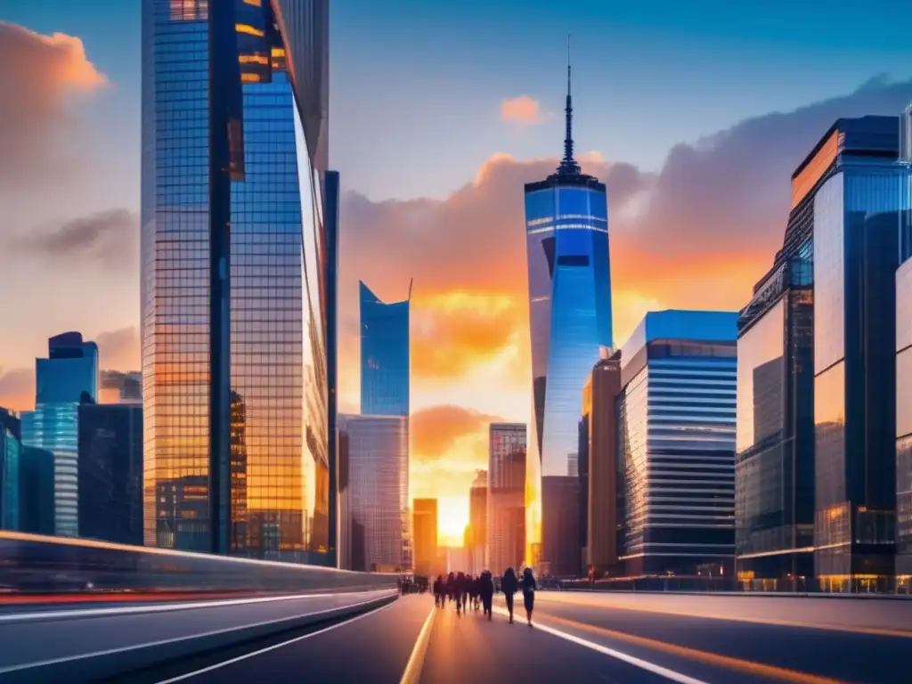 Ciudad moderna al atardecer con rascacielos iluminados Momento ideal invertir fondos inmobiliarios: skyline moderno al atardecer con edificios elegantes y profesionales en movimiento