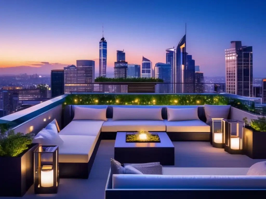 Vista nocturna moderna de la ciudad Momento ideal invertir fondos inmobiliarios - Ciudad moderna al anochecer con rascacielos iluminados y terraza de lujo