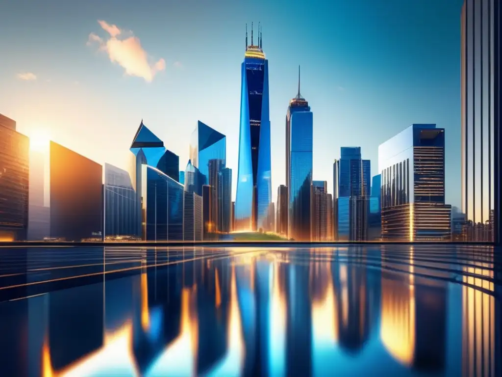 Ciudad moderna y vibrante con rascacielos Momento ideal invertir fondos inmobiliarios: Ciudad moderna con rascacielos y edificio de vidrio reflejando éxito y energía