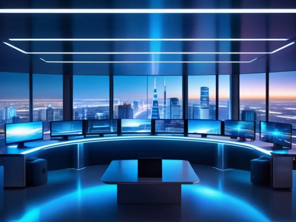 Sala de vigilancia futurista con tecnología avanzada Monitoreo cuentas inversión actividades sospechosas, sala de vigilancia futurista con vista panorámica nocturna de la ciudad