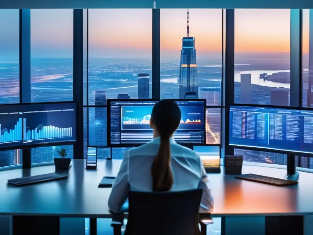 Oficina moderna con monitorización de cuentas de inversión Monitoreo cuentas inversión: oficina moderna, tecnología avanzada, ciudad en el fondo, persona profesional vigilante