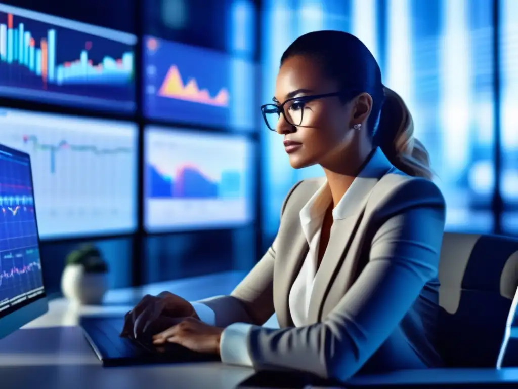 Businesswoman analyzing financial data at sleek desk Mujer de negocios analizando datos financieros y gráficos de mercado, pensamiento estratégico para inversiones rápidas
