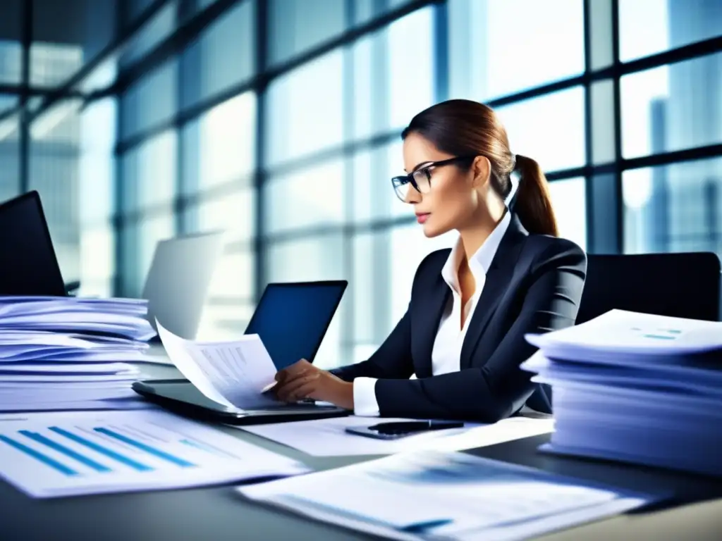 Análisis de mercado y toma de decisiones informadas Mujer de negocios analizando informes financieros y datos de mercado