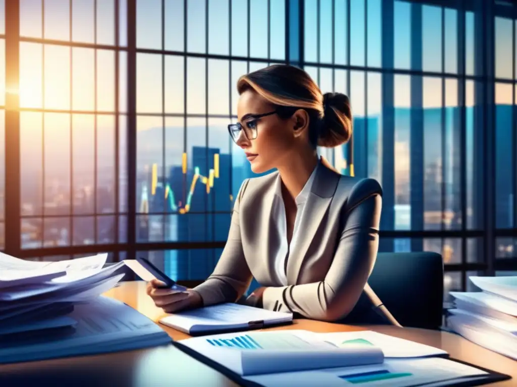 Mujer de negocios analizando informes financieros Mujer de negocios analizando informes y gráficos en una oficina luminosa de una ciudad en crecimiento