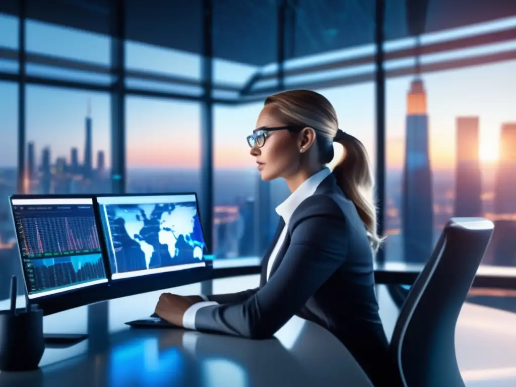 Ejecutiva financiera analizando datos bursátiles Mujer de negocios en oficina con estrategias de inversión rápida