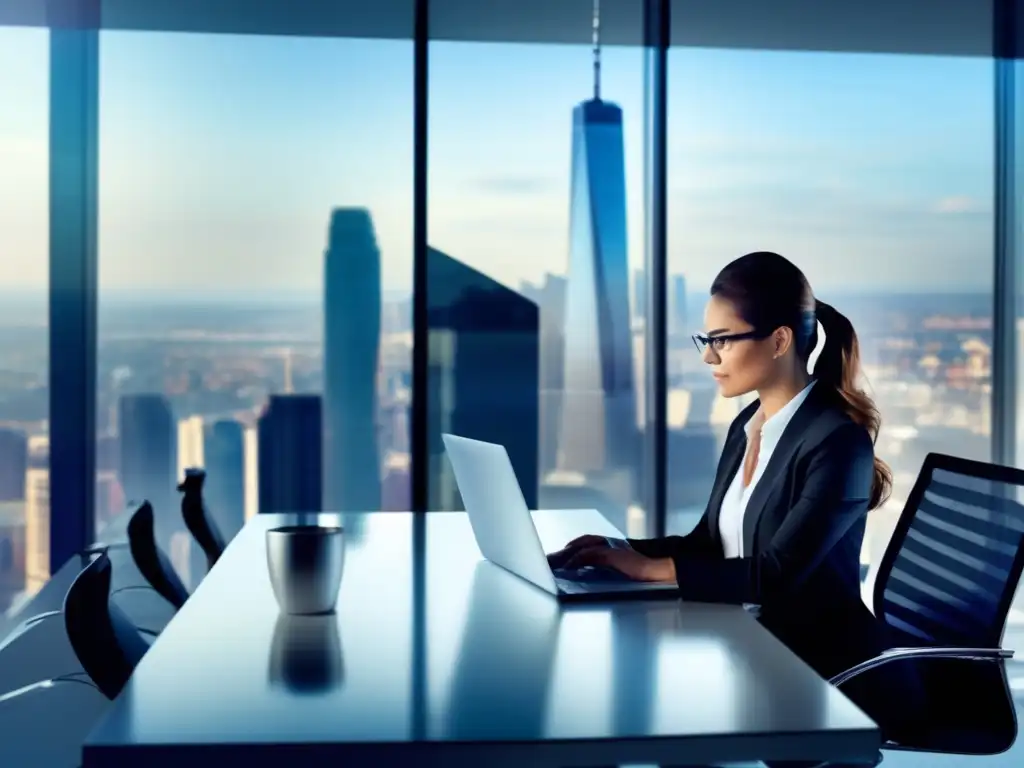 Mujer de negocios analizando datos financieros Mujer profesional analizando datos de gestión de riesgo y diversificación de portafolio en una oficina moderna