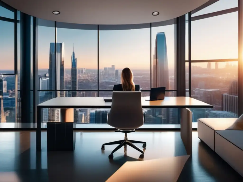 Oficina moderna con vista panorámica y profesional trabajando Mujer profesional leyendo documento sobre fiscalidad acciones preferentes