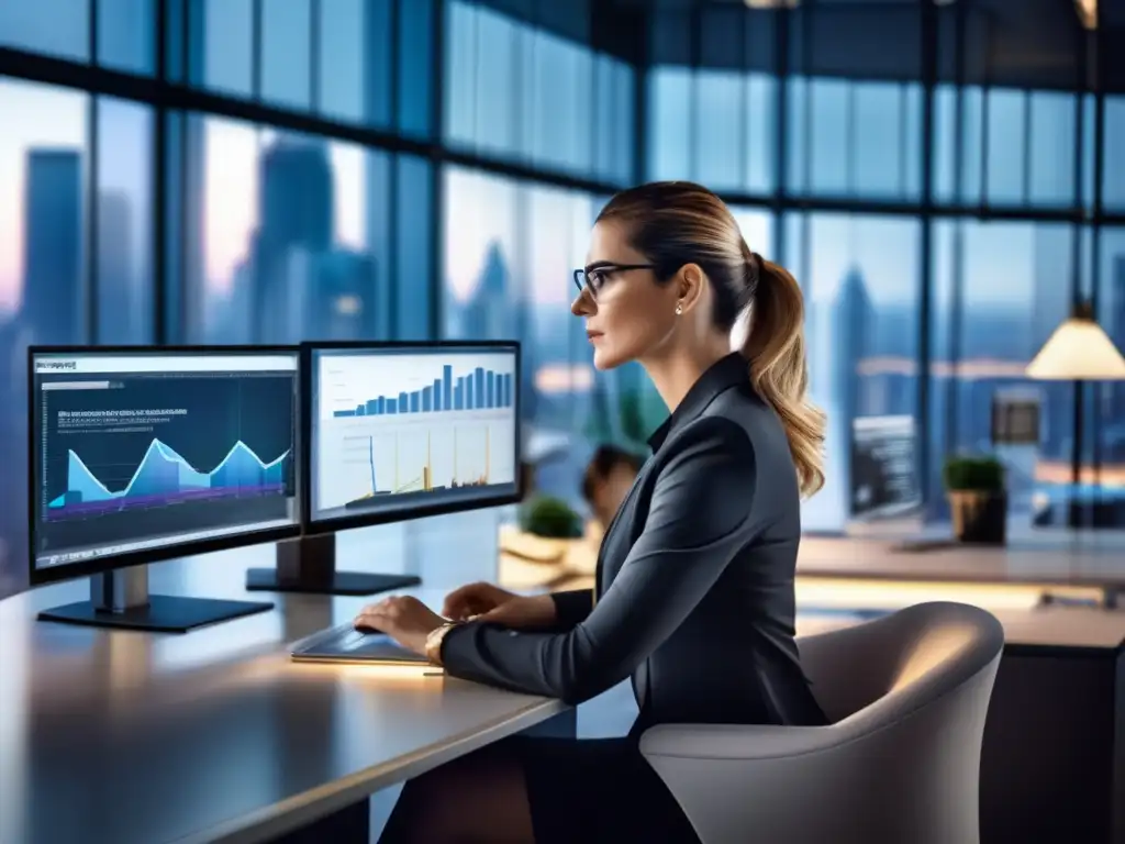 Mujer profesional enfocada en trabajo financiero Mujer profesional enfocada en inversión sostenible en plataformas financieras