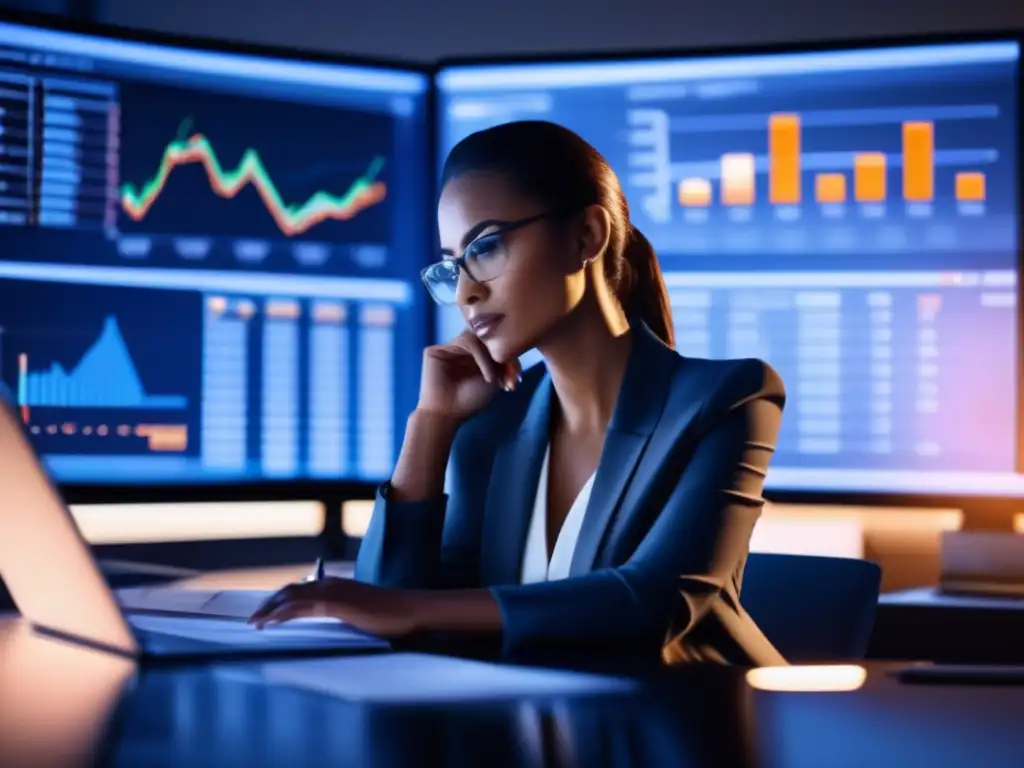 Mujer profesional analizando datos financieros Mujer profesional en oficina iluminada, analizando gráficos financieros con sesgo de atribución