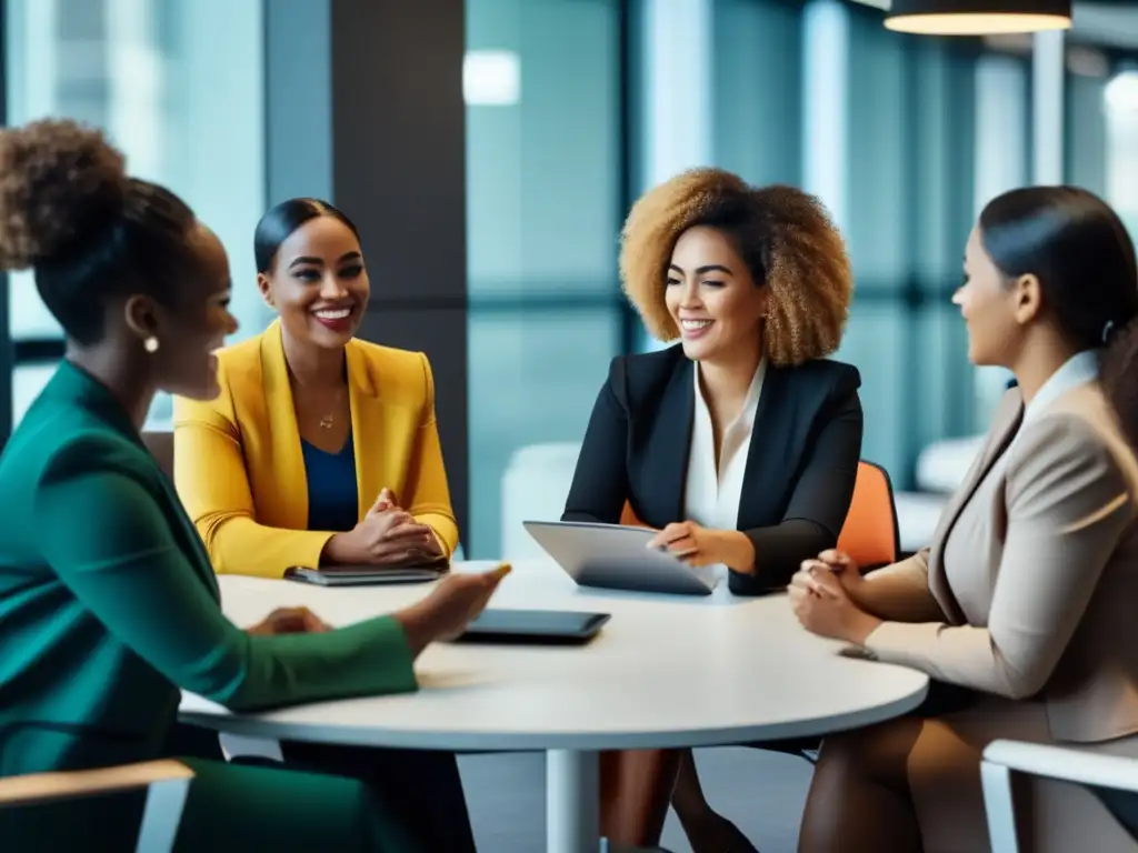 Mujeres diversas en reunión de trabajo Mujeres empoderadas en oficina moderna discutiendo datos financieros