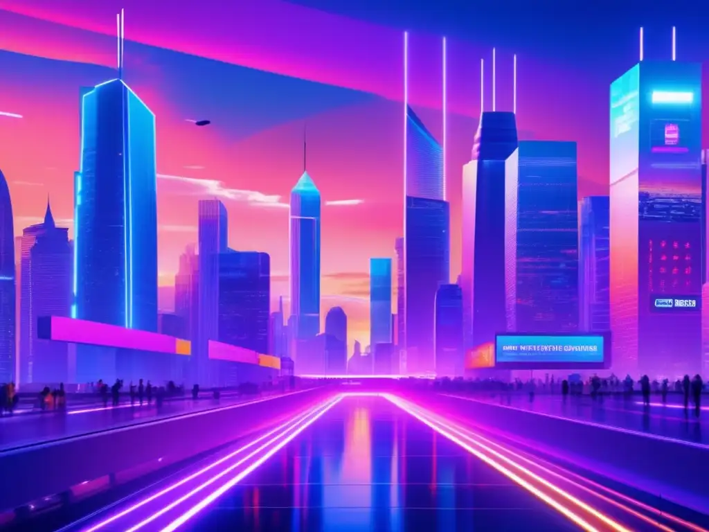 Ciudad futurista con rascacielos y criptografía Un mundo tecnológicamente avanzado con criptoactivismo emergente
