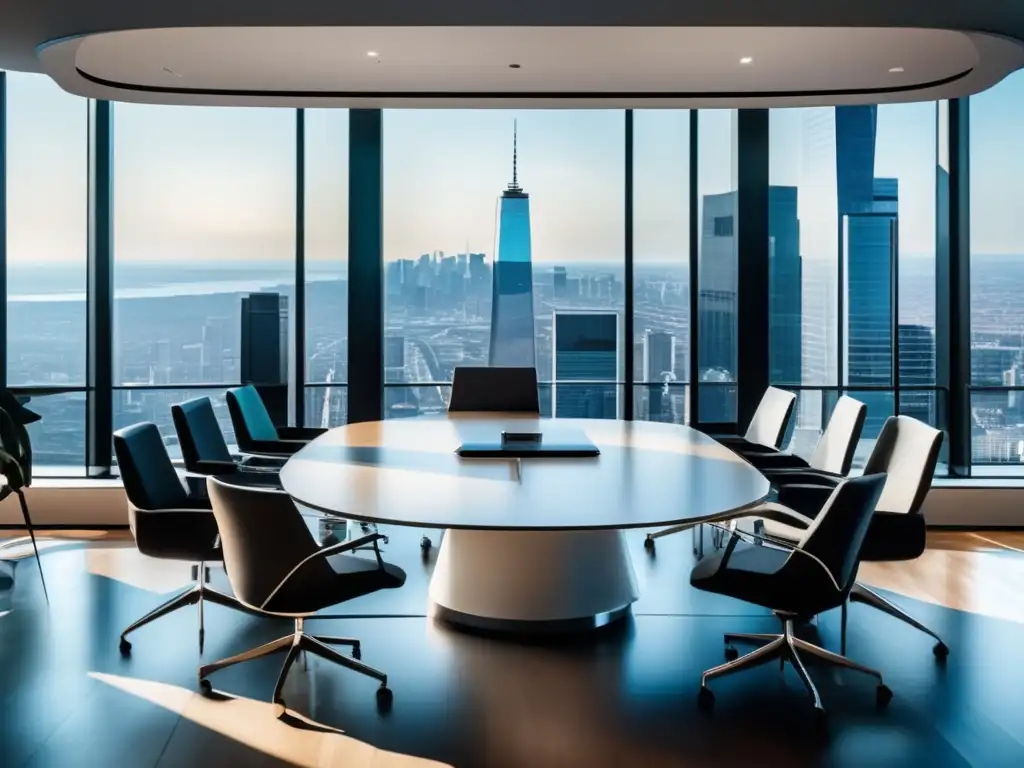 Oficina moderna con vista panorámica de la ciudad y negociación productiva Negociación inmobiliaria: profesionales en mesa de conferencia, discutiendo tácticas eficientes (110 caracteres)