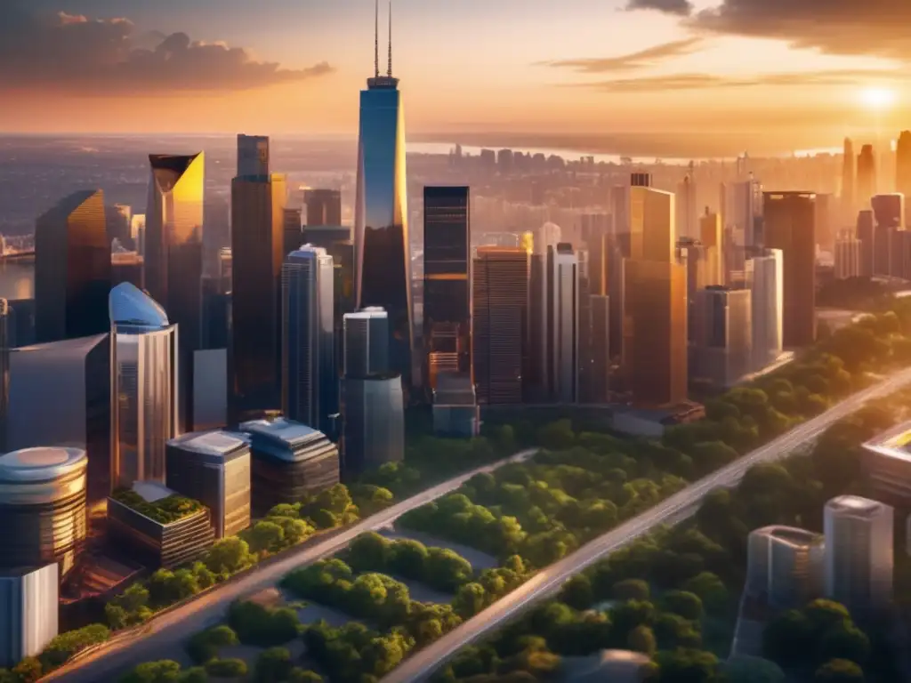 Ciudad moderna al atardecer: crecimiento y éxito Escalando negocio inmobiliario eficientemente: ciudad al atardecer, rascacielos, naturaleza y trabajo en equipo