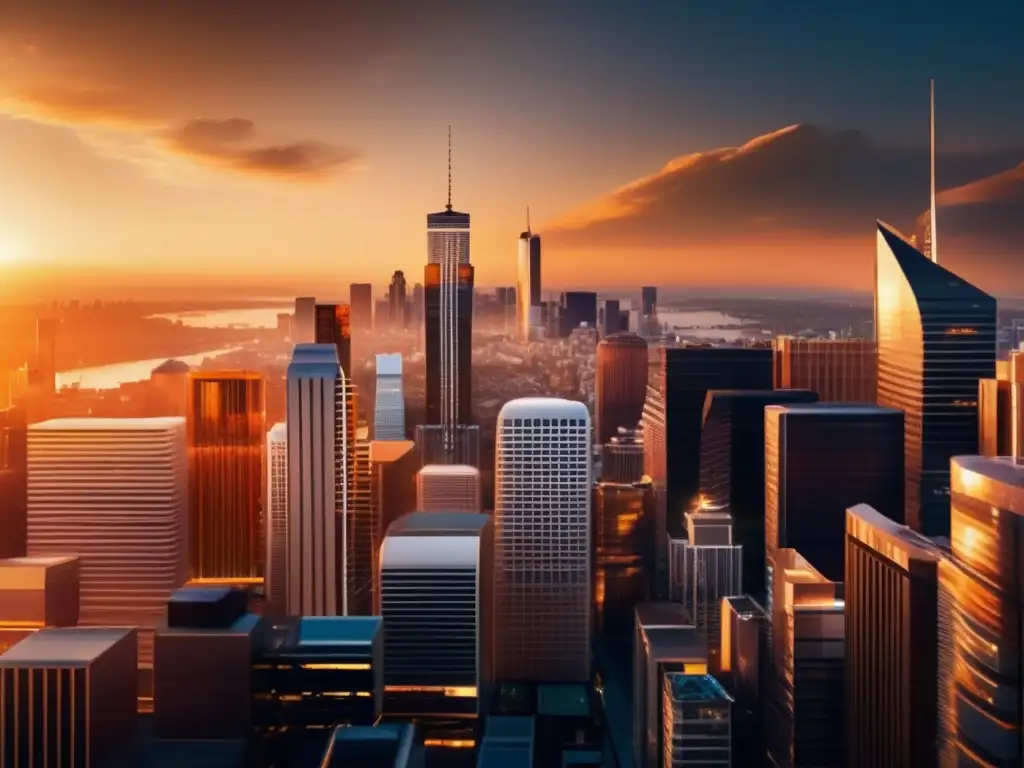 Ciudad moderna al atardecer Escalando negocio inmobiliario eficientemente: ciudad futurista al atardecer con rascacielos modernos y vibrante energía