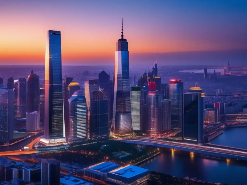 Moderna ciudad con rascacielos y luces Escalando negocio inmobiliario eficientemente: ciudad moderna en atardecer con rascacielos, luces vibrantes y paisaje urbano animado