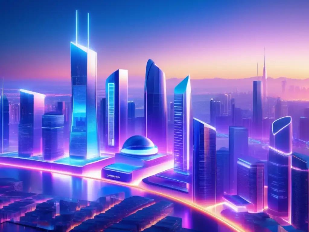Ciudad futurista con neobancos transparentes y modernos Neobanking: ciudad futurista con neobancos transparentes y personas realizando transacciones digitales
