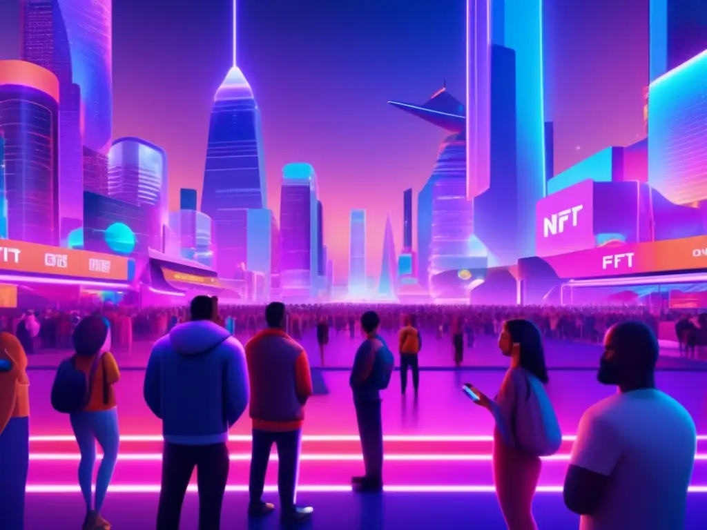 Futuro mercado digital con NFTs NFTs en mercado financiero: Futuro mercado digital en 8K con hologramas, inversores y creativos interactuando en un paisaje vibrante de NFTs