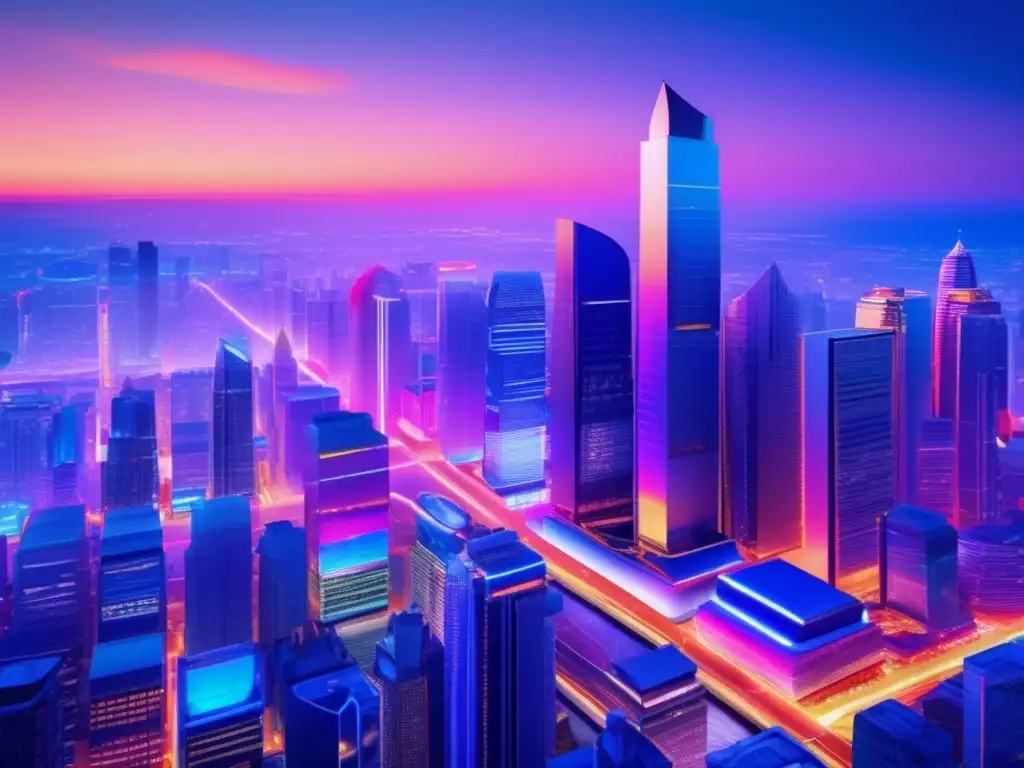 Ciudad financiera moderna y vibrante al anochecer Ilustración nocturna de una ciudad financiera moderna, con rascacielos iluminados y una atmósfera vibrante