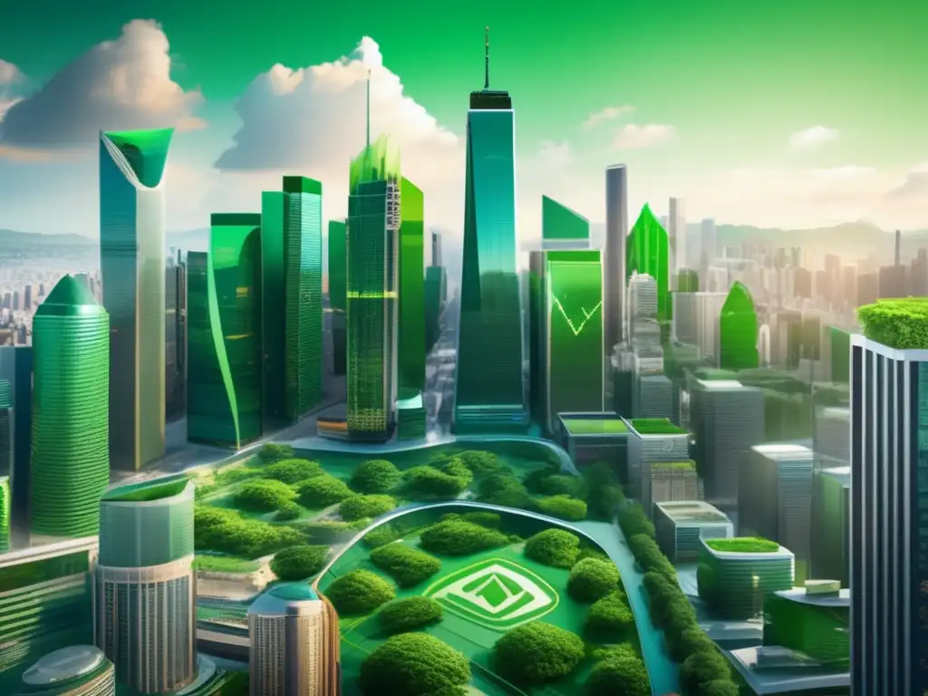Distrito financiero vibrante y sostenible Normas ISO para inversiones verdes en una vibrante ciudad financiera con rascacielos y logos