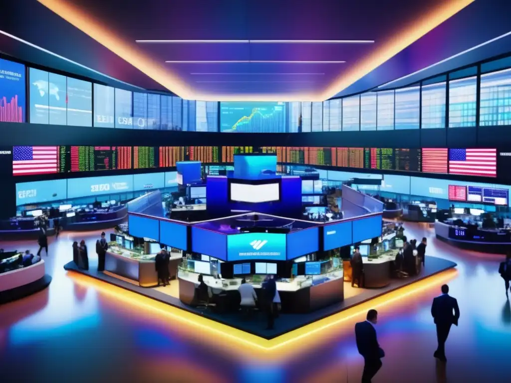 Piso bullicioso de la bolsa de valores: traders y tecnología Noticias globales e inversiones locales en bulliciosa bolsa de valores con traders y moderno diseño de vidrio y pantallas de alta tecnología