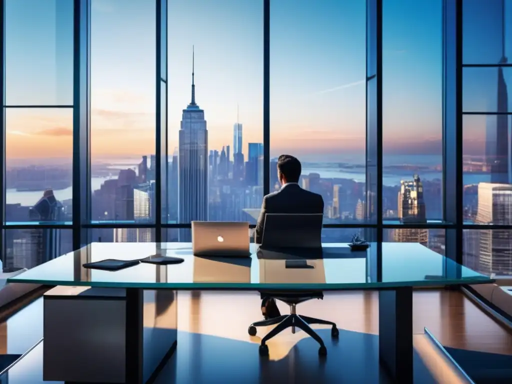 Oficina moderna con vista a la ciudad y persona pensativa Reacción ante noticias del mercado en moderna oficina con vista a la ciudad y muebles elegantes