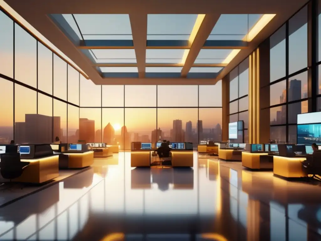 Trading floor al amanecer Reacción ante noticias del mercado en vibrante imagen de trading 8K con profesionales financieros y diseño moderno