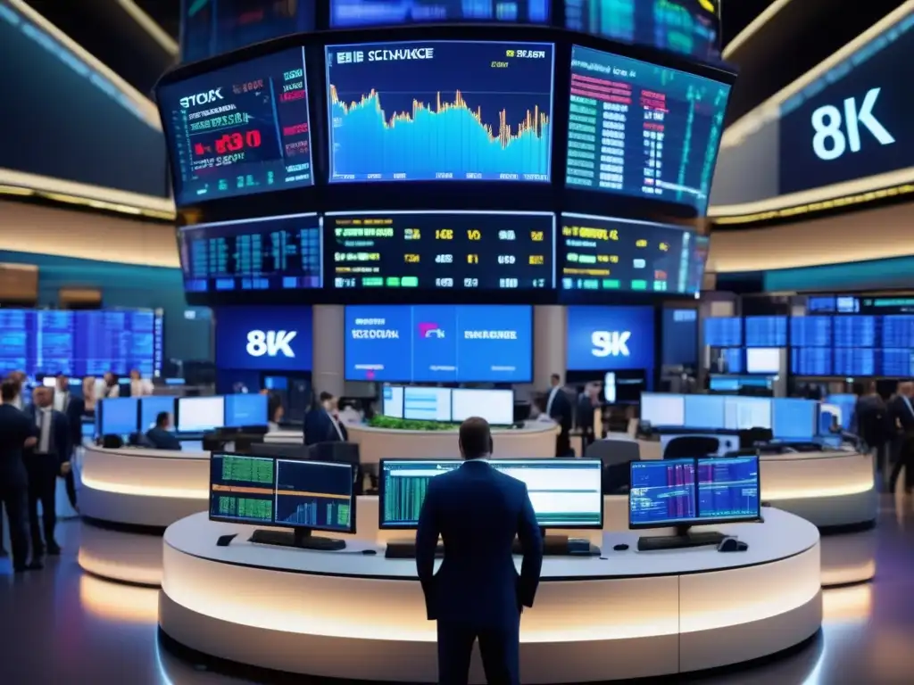 Stock Exchange Floor: Energía y modernidad Nuevas regulaciones europeas en bolsa: Escena de la bolsa europea con traders, arquitectura futurista y gráficos en pantallas
