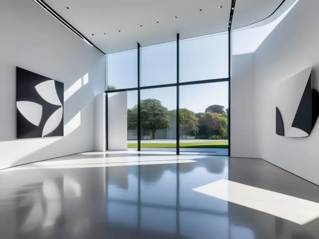 Galería de arte moderno y sofisticado Invertir en obras maestras desconocidas en una sofisticada galería de arte con ventanales altos, paredes blancas y diversas obras de arte