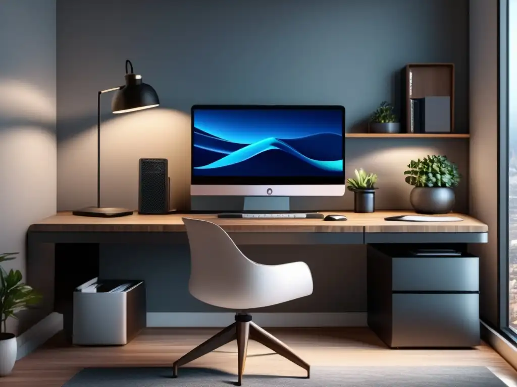 Oficina moderna con vista a la ciudad Oficina en casa 8k: Minimalista, organizada y con vista panorámica