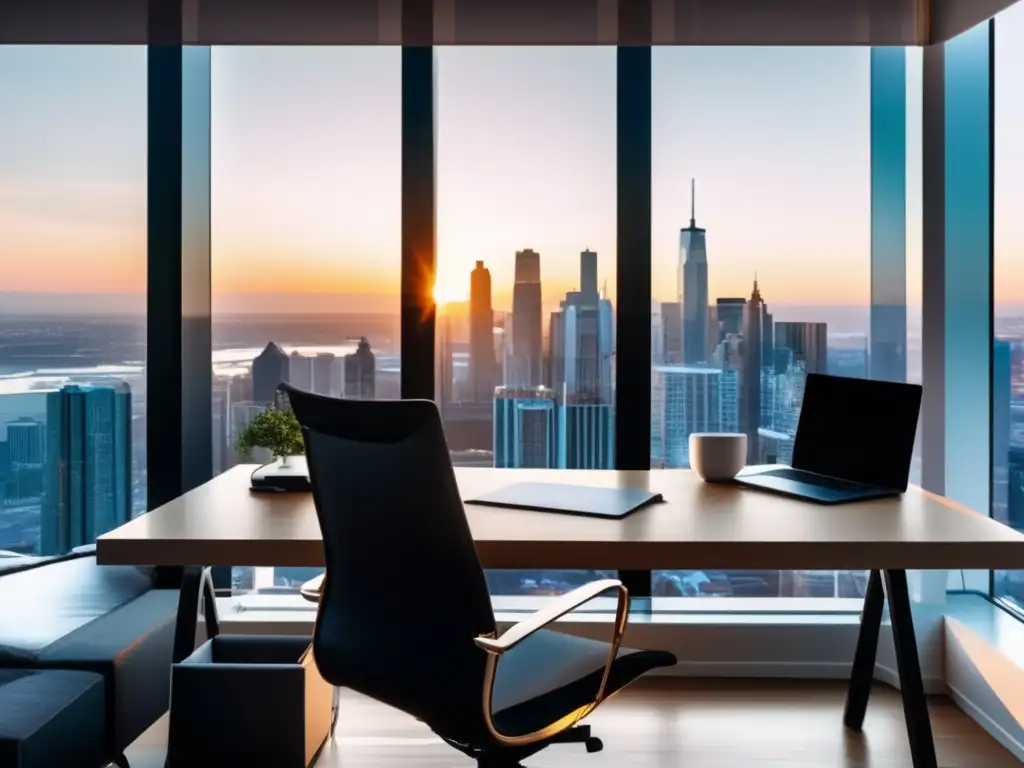Oficina moderna con vista panorámica Oficina en casa con vista panorámica de la ciudad, libros de finanzas personales recomendados y ambiente acogedor